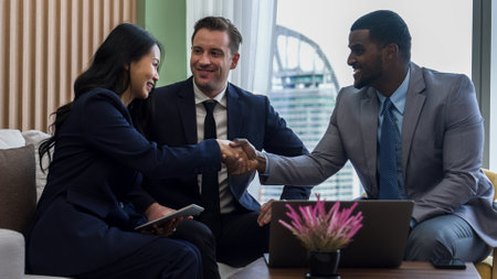 Ornamented office overlooking city skyline, diversity corporate professional discuss ambitious...