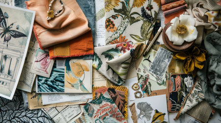 A fusion of pictures and fabrics on a wall creates a stunning collage of art. Electric blue petals, flowers, and paper products add a unique touch to the facade AIG50の素材