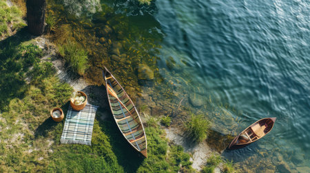 An aerial view of two boats peacefully floating on the serene lake surrounded by natural landscape with trees, grass, and other terrestrial plants AIG50の素材