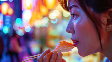 A woman with black hair is holding a tray of sushi, smiling with raised eyebrows and long eyelashes. Her facial expression exudes happiness and cool confidence, enjoying a leisurely and fun momentの素材