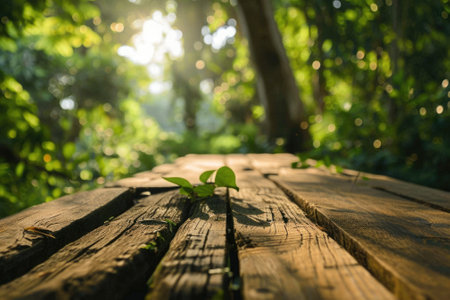 The picture of the wood table in the middle of the forest that surrounded with an uncountable amount of tree and plant in the forest with a bright light from the brightest sun of the daytime. AIGX03.の素材