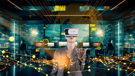 Businesswoman searching finance data dynamic stock world monitor by VR future global excellent...