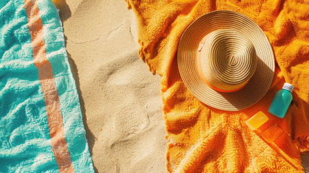 A wooden patterned hat lies next to a furry peachcolored towel on the beach, with a musical instrument tucked under the brim and a mask of a fictional character nearby AIG50の素材