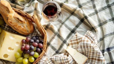 A picnic featuring a bottle of wine, grapes, cheese, bread, and a glass of wine, all laid out on a tartan blanket. The natural foods complement the plantbased recipe perfectly AIG50の素材