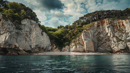 A boat navigates through a canyon alongside a tranquil body of water, surrounded by towering bedrock and a picturesque natural landscape AIG50の素材
