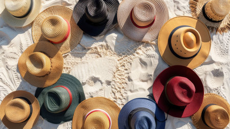 A stack of hats forming a circle pattern on the beach, resembling a fluid organism in an art installation. This unique recreation blends science and creativity in a liquidlike display AIG50の素材