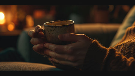 The close up picture of the person is holding the cup of the coffee by their own hand to relax inside the living room for the relaxation near the window that has been shine with the sunlight. AIG43.の素材