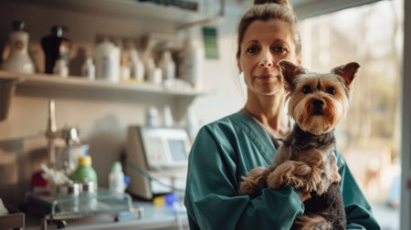 The picture of the adult veterinarian and dog staying in the office of the clinic or hospital that they working in there and take care the canine or other animal also examine them to the cure. AIG43.の素材