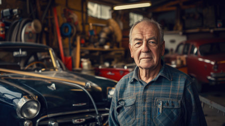 The picture of the adult mechanic looking at the camera with the vintage car in the automobile workshop that use for checking and repairing the various vehicle that need to use the experience. AIG43.の素材