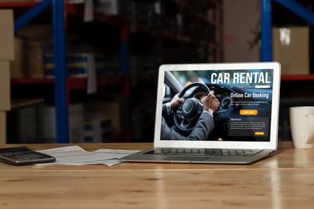 car rental website on computer screen for tourist to rent a car for transportation snuglyの写真素材