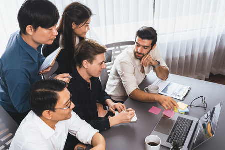 Group of diverse office worker employee working together on strategic business marketing planning in...