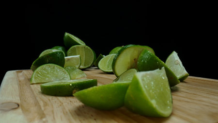 Close-up, a vibrant slice of fresh lime rests upon a rustic wooden cutting board, exuding freshness...