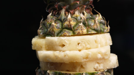 Close up video of fresh pineapple with slice of peel pineapple insert with separated black background. The rough and waxy rind, boasting a crown of spiky green leaves, Food photography. Comestible.の写真素材