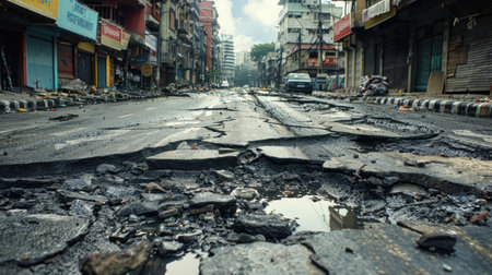 A broken road with large cracks and a puddle of water in the foreground. AIG51A.の素材