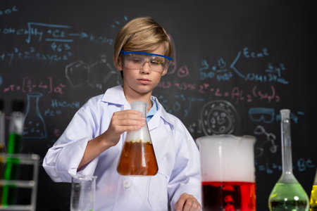 Blonde hair schoolboy in laboratory wear lab coat stand and learn science of chemistry technology in STEM class. The student hold beaker with orange liquid. On the table put many flask. Erudition.の写真素材