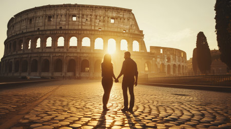 Portrait of attractive cute lover holding hands and walking at colosseum at sun set. Couple of energetic tourist enjoy looking at impressive view and enjoy exploring ancient tourist attraction. AIG42.の素材