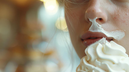 A woman indulges in a soft serve ice cream cone at a bakery, satisfying her food craving. With a smile on her face, she delicately licks the frozen dessert, eyelashes fluttering in delight AIG50の素材