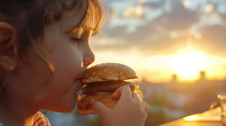 A young girl is enjoying a classic fast food meal of a hamburger with french fries. The staple food includes a bun, sandwiched with ingredients for a satisfying food craving AIG50の素材