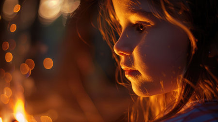 A young girl is enjoying the warmth and fun of sitting by the fire in the darkness of the night. The flickering flames cast a glow on her flesh as she watches the midnight event unfold AIG50の素材