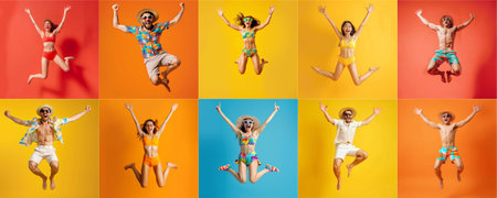 Summer people collection set, diverse people jumping on colorful background, many people funny jump wearing summer outfit fashion ready for swim and summer activity, summertime, beachwear AIG48の素材