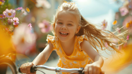 A toddler is happily riding a bicycle in a public space, with balloons in the background. Her smile and facial expression show she is having fun during a leisure event, sharing joy with others AIG50の素材
