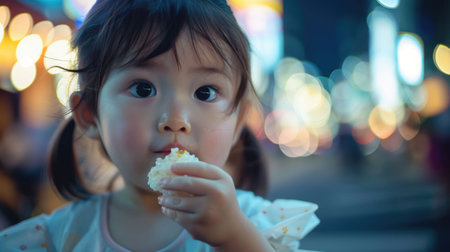 A toddler is happily sharing sushi with chopsticks, embracing the fun of experiencing new cuisine. The sweetness of the food craving brings joy to the event AIG50の素材