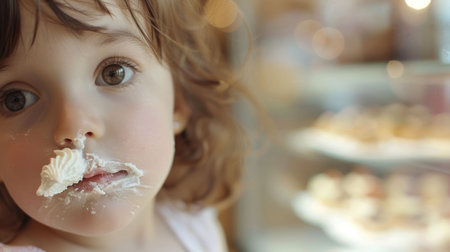 The little girls face is covered in frosting, with a smile on her mouth and a hint of frosting on her nose. Her eyes sparkle with joy as she looks ahead AIG50の素材