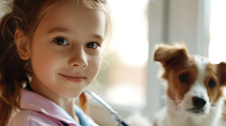A happy little girl with a big smile is sitting next to her loyal companion dog. The dogs head is resting on her lap as they both gaze out the window, their noses almost touching AIG50の素材