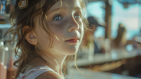 A child with a joyful facial expression sits at a table in a restaurant, smiling and having fun. She is adapting well, sharing moments of leisure during a travel event AIG50の素材