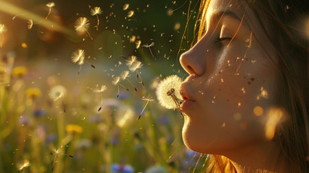 A woman is joyfully blowing dandelions in a field, creating a fun gesture in closeup macro photography. The delicate plants form a circle, resembling a beautiful piece of art AIG50の素材