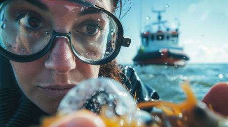 A woman with a smile on her face is holding a crayfish in front of a boat on the water. Her gesture suggests a joyful travel experience on the lake, admiring the naval architecture of the watercraftの素材