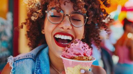 A woman enjoying a delicious ice cream cone at a carnival, capturing a happy summer moment with a snapshot of food and fun AIG50の素材
