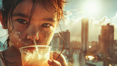 The little girl is sipping water from a glass, her eyelashes moist with the clear fluid. The amber drinkware reflects the light beautifully AIG50の素材