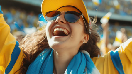 A happy fan in a yellow shirt is celebrating with a gesture, smiling and screaming in the air, enjoying the fun event surrounded by a lively crowd. AIG41の素材