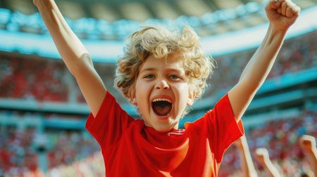 A fan is enthusiastically gesturing with her arms in the air, cheering in an electric blue hat at the entertaining competition event. AIG41の素材