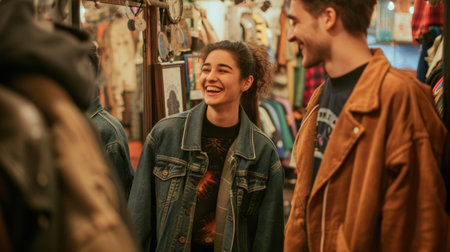 In the crowded city store, under the dim street lights, a man and a woman exchange smiles, creating an artful moment of connection. AIG41の素材