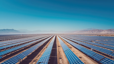A vast solar panel farm stretches across a desert landscape, harnessing the power of the sun for renewable energy. AIG41の素材