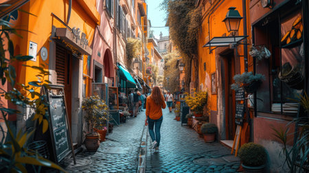 Happy young woman wear casual cloth while enjoy walking at vibrant market. Attractive beautiful girl or tourist exploring while walking at colorful city street. Recreation activity concept. AIG42.の素材