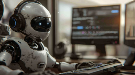 The picture of the robot working as the call center assistant and provide assistance to the...