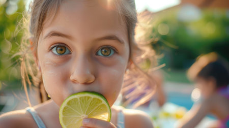 A happy little girl with freckles is enjoying a slice of lime, savoring its tangy flavor. She sits on the grass, embracing the natural food and sharing it with joy AIG50の素材