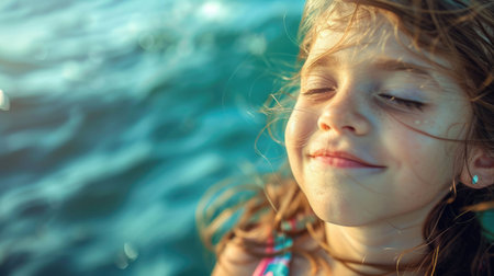 A blond little girl with surfer hair is happily smiling with her eyes closed in front of the ocean, enjoying a leisure travel under the cloudy sky AIG50の素材