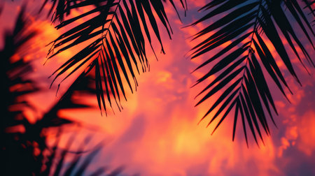 The silhouette of a palm trees leaves against the sunset sky creates a stunning landscape. This closeup view highlights the beauty of this terrestrial plant in the Arecales order AIG50の素材