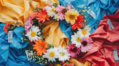 A vibrant display of colorful textiles and flowers in shades of orange, pink, and magenta on a sunny yellow background. This artful arrangement exudes a happy and joyful vibe, perfect for any eventの素材