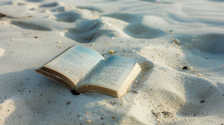 An art book floats through the windy sky above the sandy beach, blending with the clouds and water, creating a beautiful natural landscape AIG50の素材