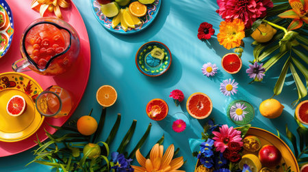 An intricate table setting with colorful dishware and drinks arranged in a circular pattern, resembling a painting of a vibrant aquatic organism AIG50の素材