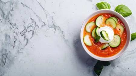 An artistic illustration of a bowl of tomato soup with cucumbers and sour cream, placed on a blue rectangle background, surrounded by electronic devices and automotive lighting AIG50の素材