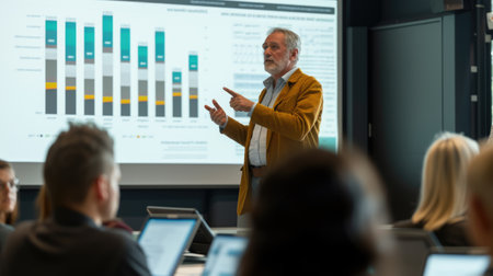 A man showcases a presentation to individuals, utilizing gestures and sharing information on a display device in a building. It is a public speaking event. AIG41の素材