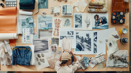 A fusion of pictures and fabrics on a wall creates a stunning collage of art. Electric blue petals, flowers, and paper products add a unique touch to the facade AIG50の素材