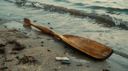 A wooden paddle rests on the sandy beach by the waters edge, surrounded by natural materials like rocks. Perhaps left behind by a kayaker exploring the lake AIG50の素材