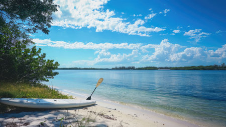 A surfboard rests on the sandy beach, overlooking the azure waters of the ocean under a clouddotted sky in this picturesque natural landscape AIG50の素材